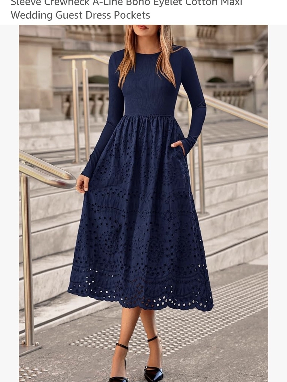 Navy Long Sleeve Eyelet A-Line Midi Dress